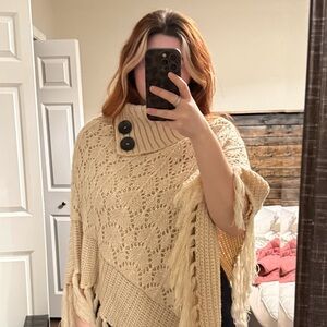 Cream Knit Poncho Sweater with Fringe